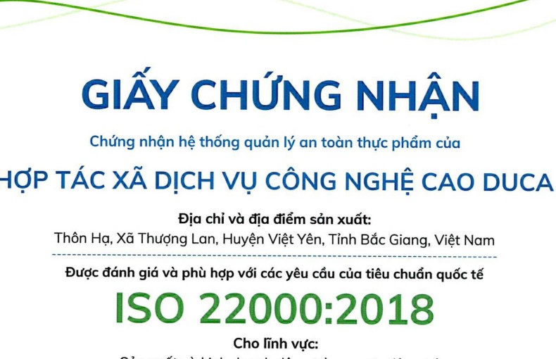Hợp tác xã Dịch vụ Công nghệ cao Duca nhận Giấy chứng nhận Hệ thống Quản lý An toàn thực phẩm