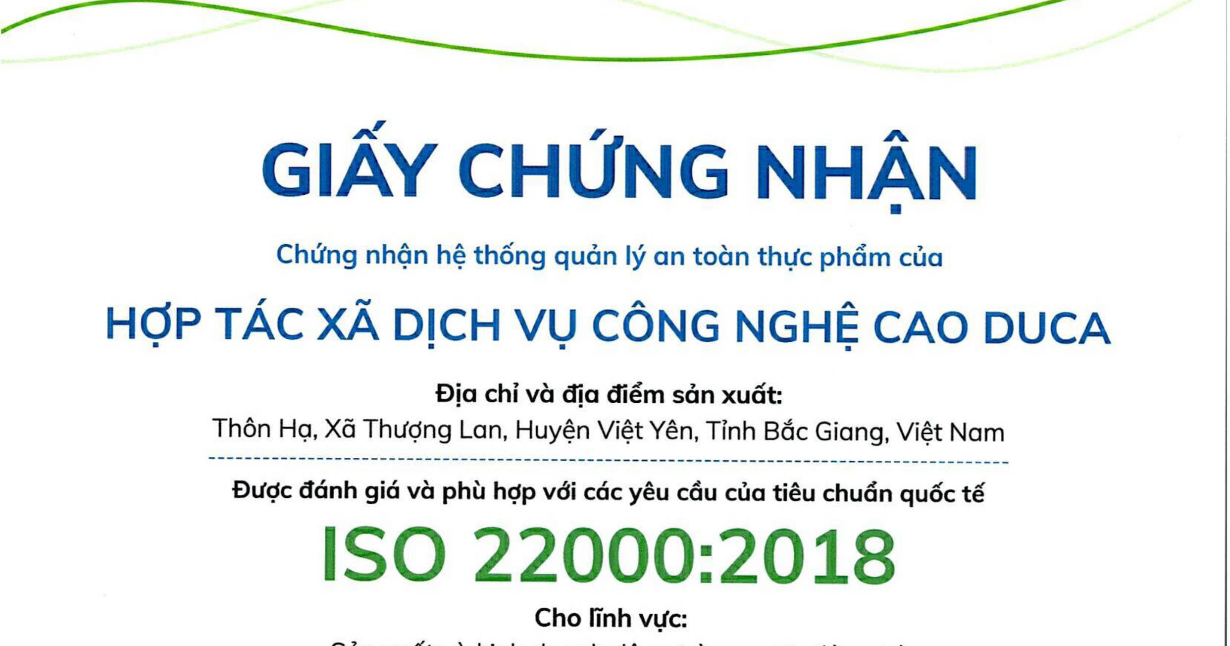 Hợp tác xã Dịch vụ Công nghệ cao Duca nhận Giấy chứng nhận Hệ thống Quản lý An toàn thực phẩm